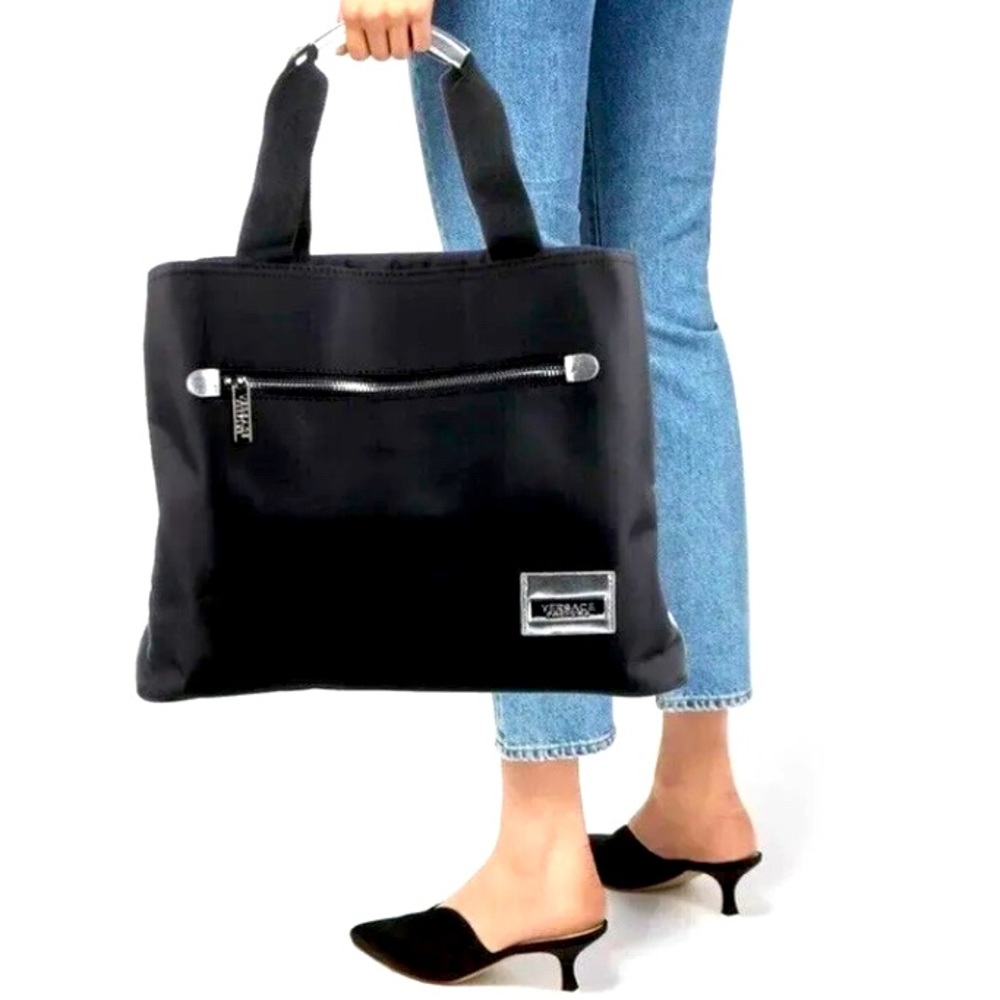 NEW Versace Tote Zipper Shopper Shoulder Bag Black Silver